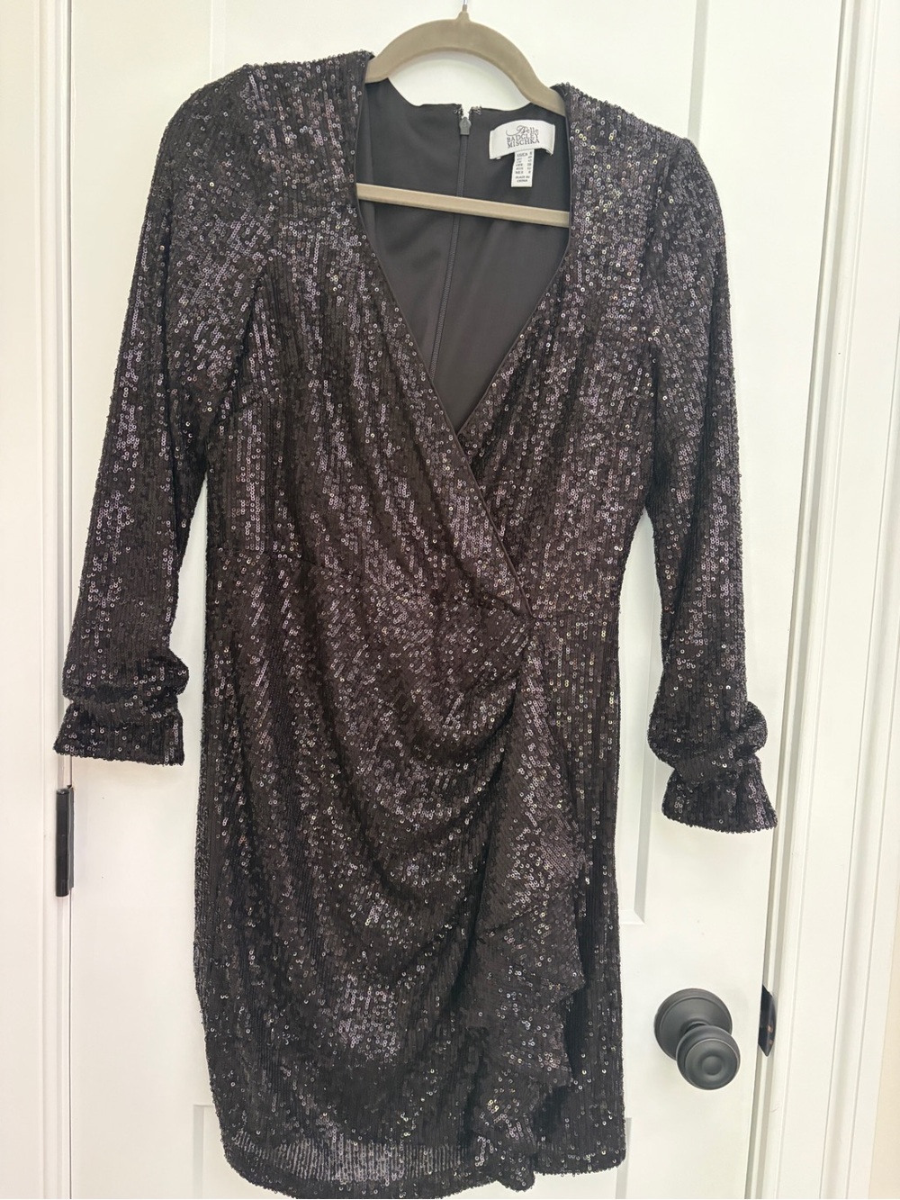 Badgley Mischka Black Sequin Long-Sleeve Wrap Evening Dress
